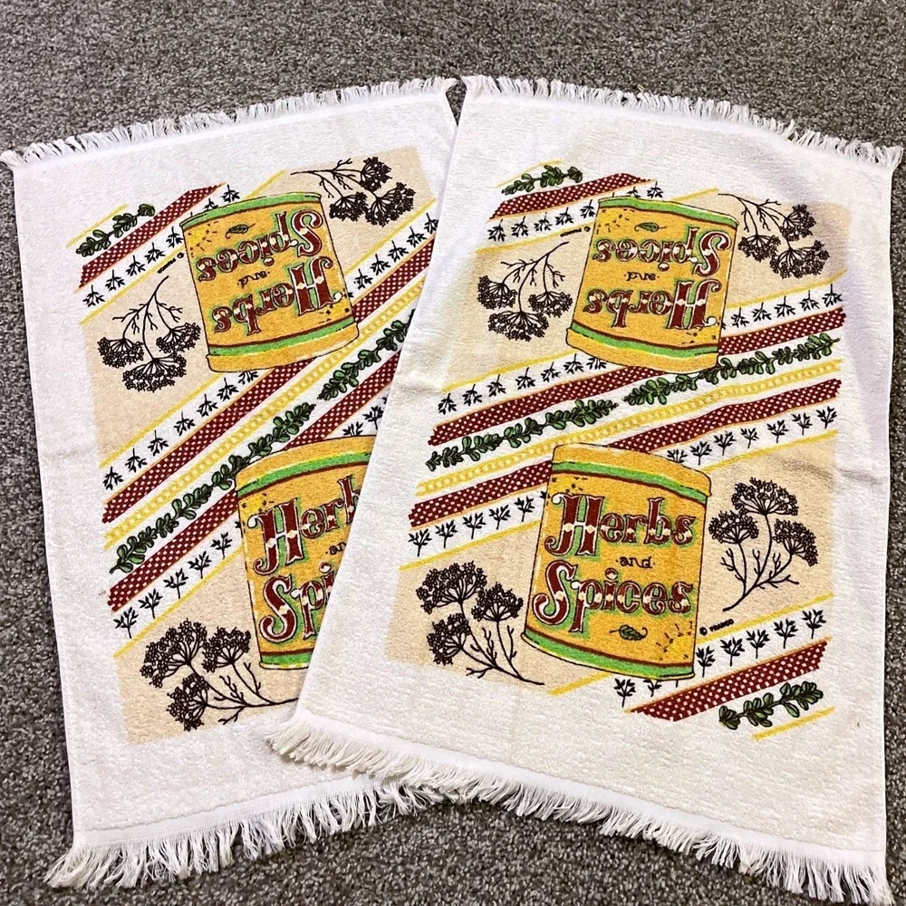 VTG CANNON Hand Kitchen Towel Fringe 70s‎ NOS Herbs & Spices Yellow Green Basil